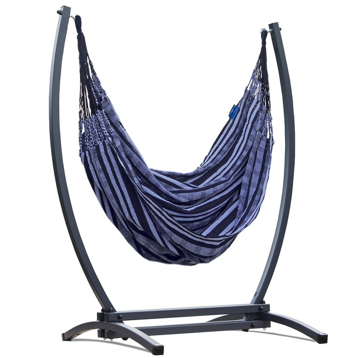 Hamac Suspendat, Potenza, Pereira XL, Cu Suport Gazela, 180x140 cm, Greutate Suportata 160 Kg, Bumbac/Otel, Gri/Alb/Negru