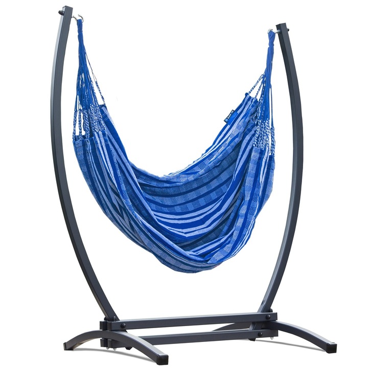 Hamac Suspendat, Potenza, Pereira XL, Cu Suport Gazela, 180x140 cm, Greutate Suportata 160 Kg, Bumbac/Otel, Gri/Albastru