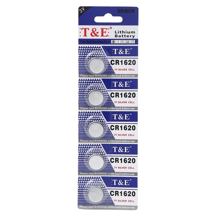 Set 5 Baterii T&E CR1620, Litiu, 3V, 16x2mm