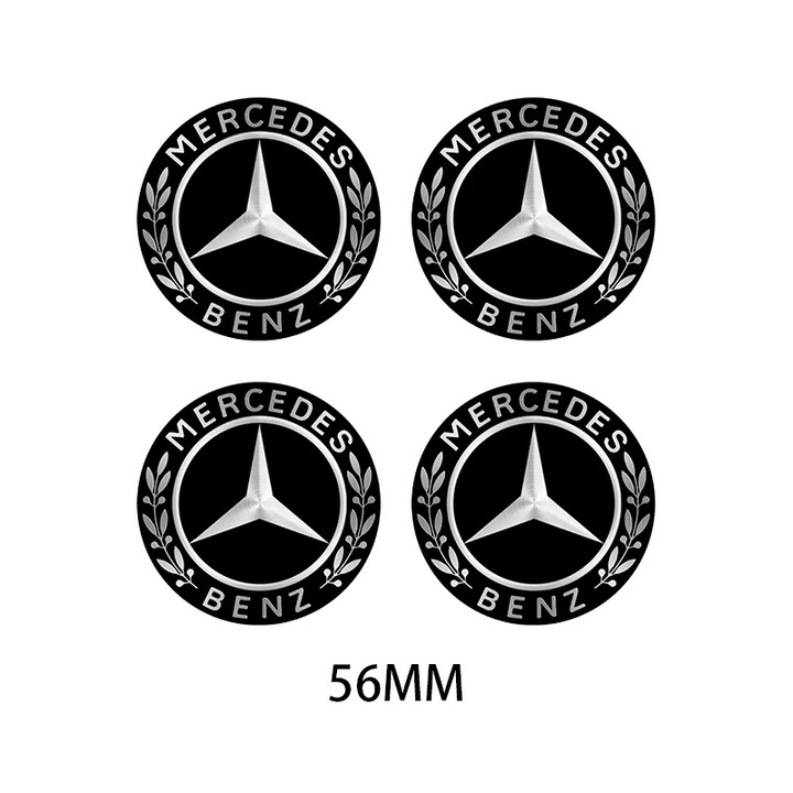 Set 4 stickere Benz din tabla autoadezive 56mm, pentru Benz C180 C200 C260 C300 W108 W124 W126 W140 W168 W169 W17 jante aliaj