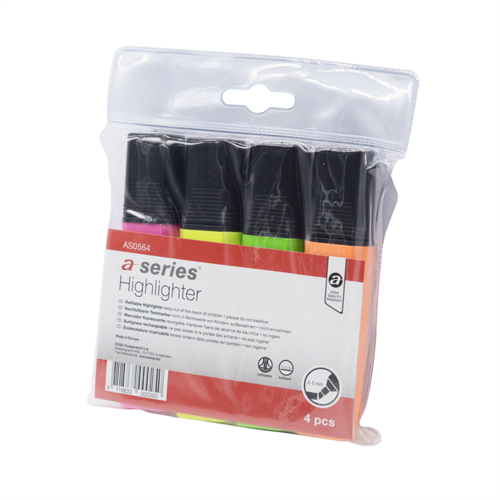 Текстомаркер 1-5 мм, скосен връх, плоско тяло, A-Series 4 различни цвята