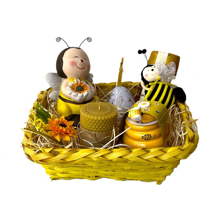 Cos cadou „Delicii cu miere”, cu ou de ciocolata, miere cu decoratiune albinuta, lumanare parfumata cu decoratiune floarea soarelui, albina decorativa din ceramica, borcan ceramic pentru miere, galben