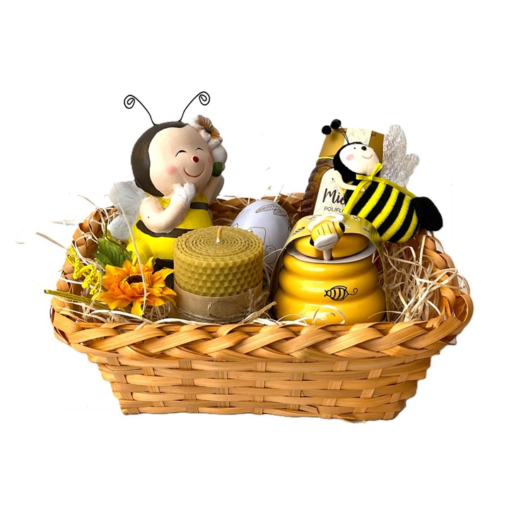 Cos cadou „Delicii cu miere”, cu ou de ciocolata, miere cu decoratiune albinuta, lumanare parfumata, albina decorativa din ceramica, borcan ceramic pentru miere, orange