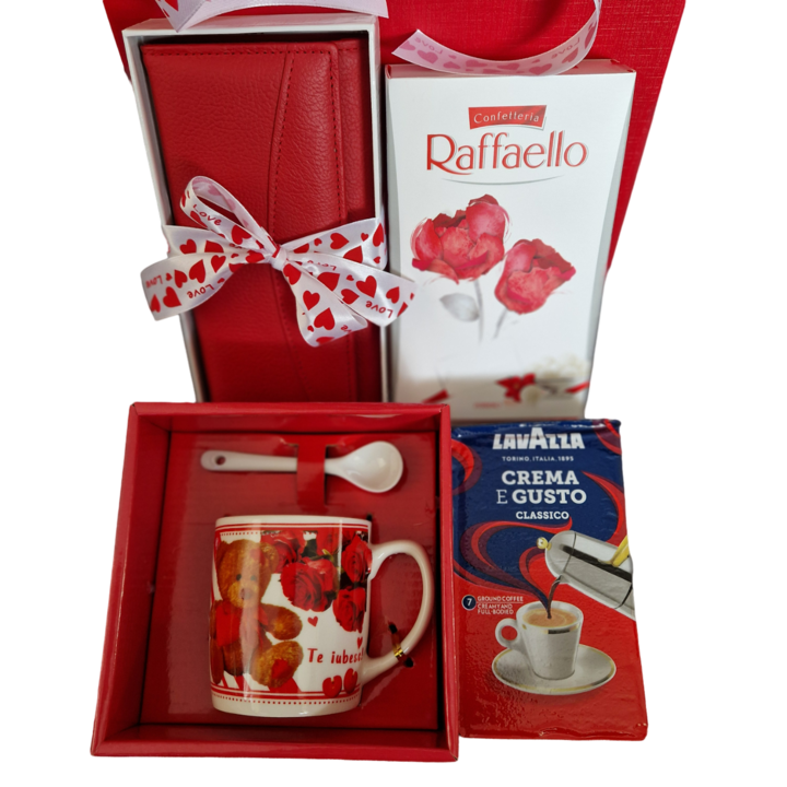 Pachet cadou Red Box One, cu portofel piele naturala, cana cu mesaj: Te iubesc!, cafea Lavazza praline Raffaello, cutie decorativa