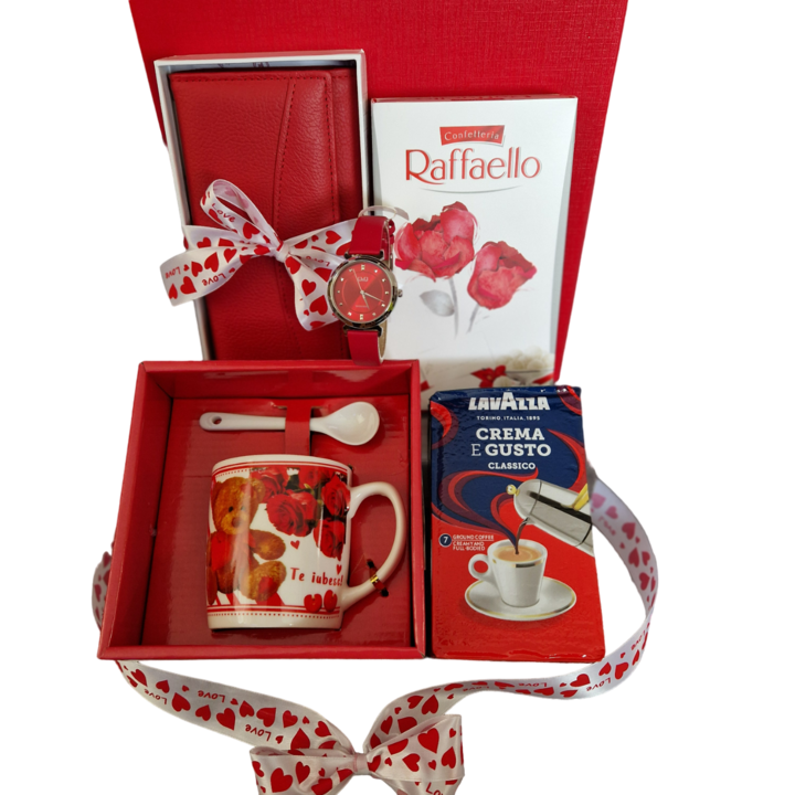 Pachet cadou Red Box II, cu ceas japonez Q&Q, portofel piele naturala, cana cu mesaj: Te iubesc!, cafea Lavazza praline Raffaello, cutie decorativa