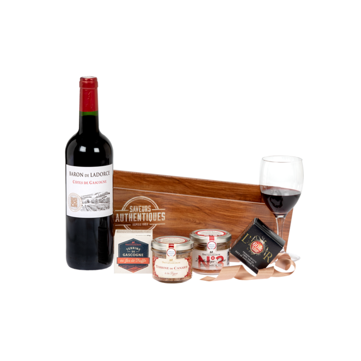 Cos Cadou Delicatese Saveurs Authentiques cu terine si vin rosu, pentru orice ocazie, Ducs de Gascogne, 5 produse