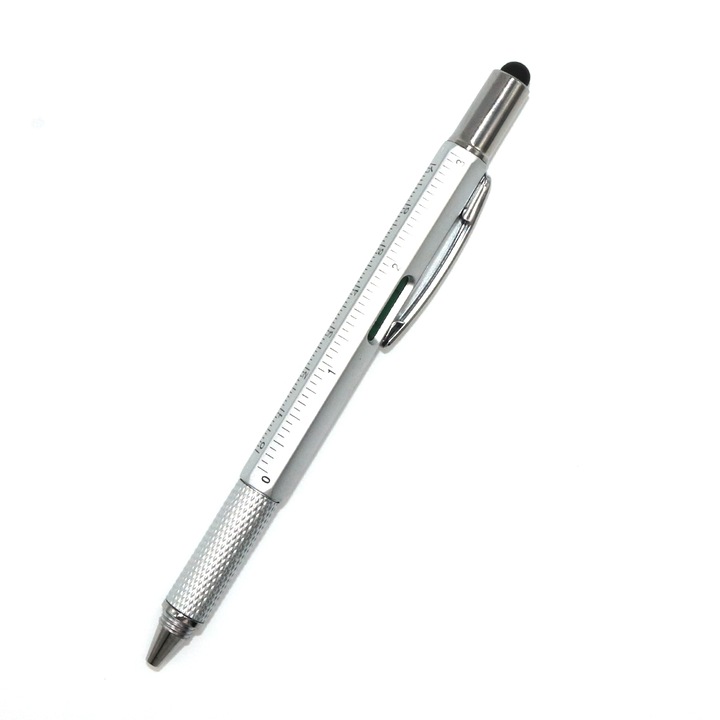 Мултифункционална писалка 6 в 1: линийка, Boloboc, 2x отвертка, стилус, сребро