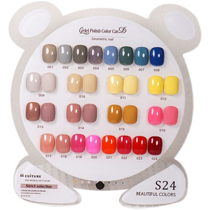 Paletar expunere culori pentru manichiura, forma panda, 24 culori, transparent, set 3 piese, 17x18cm