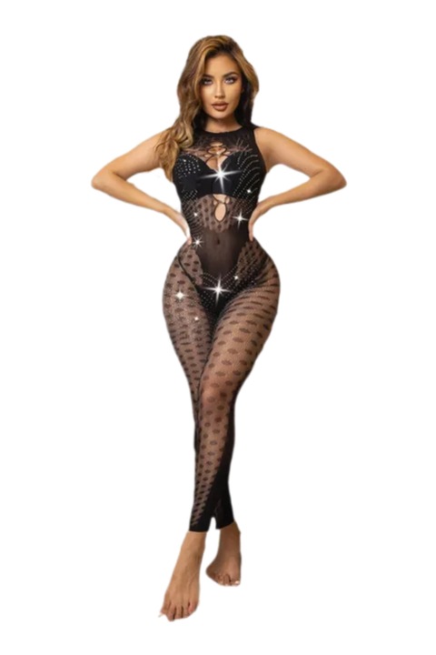 Bodystocking sexy din plasa, strasuri, crotchless, negru, One Size