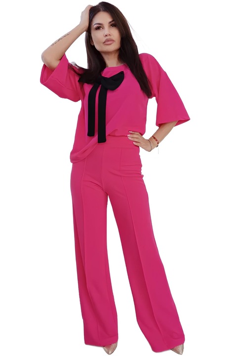 Дамски комплект от еластичен креп Carly от 2 части с панталон и блуза, Фуксия
