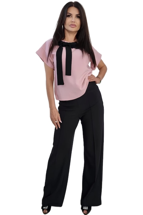 Дамски комплект Carly от 2 части с дълъг панталон и блуза с къс ръкав, Черен/Розово