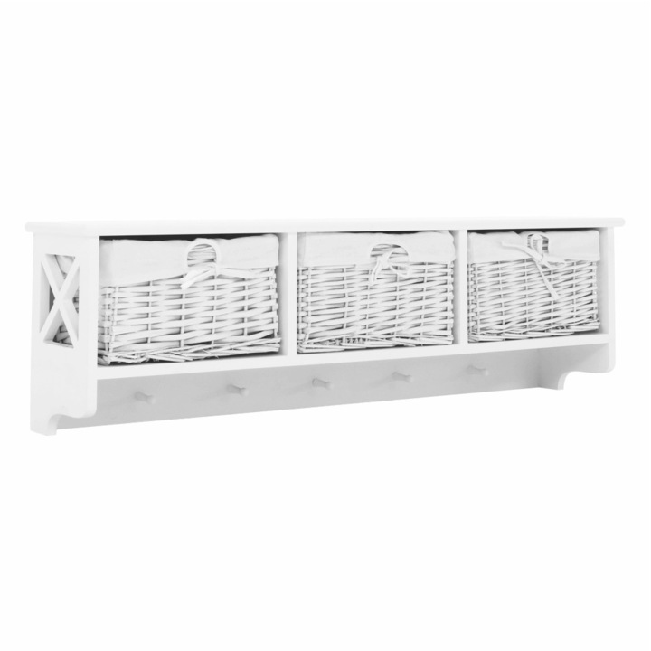 DacEnergy akasztó, fából, tömör vázas, falra szerelhető, 5 akasztó, 3 kosár műfonatból és textil anyagból, 100 x 30 x 20 cm, fehér