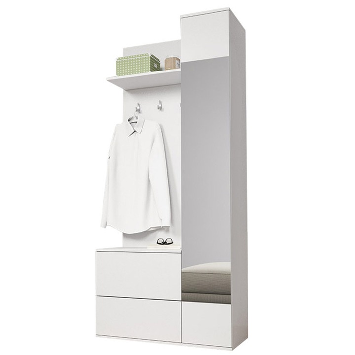 Dacenergy Закачалка За Антре, Меламиново ПДЧ, Един Шкаф, Един Рафт, Рафт За Обувки, Закачалка, Огледало, 90 X 195 X 34 См, Бяло Покритие
