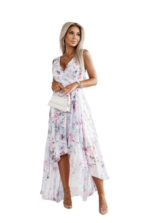 Hosszú, könnyű, aszimmetrikus fehér ruha halvány rózsaszín virágokkal, univerzális méret s/m/l