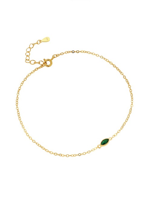 Bratara glezna picior din argint 925 Green Eye aurie cu pandantiv verde din zirconiu, lungime ajustabila