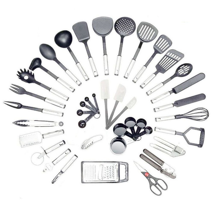 Set 40 ustensile de bucatarie, ZakupyTV, nylon si inox, gri/argintiu