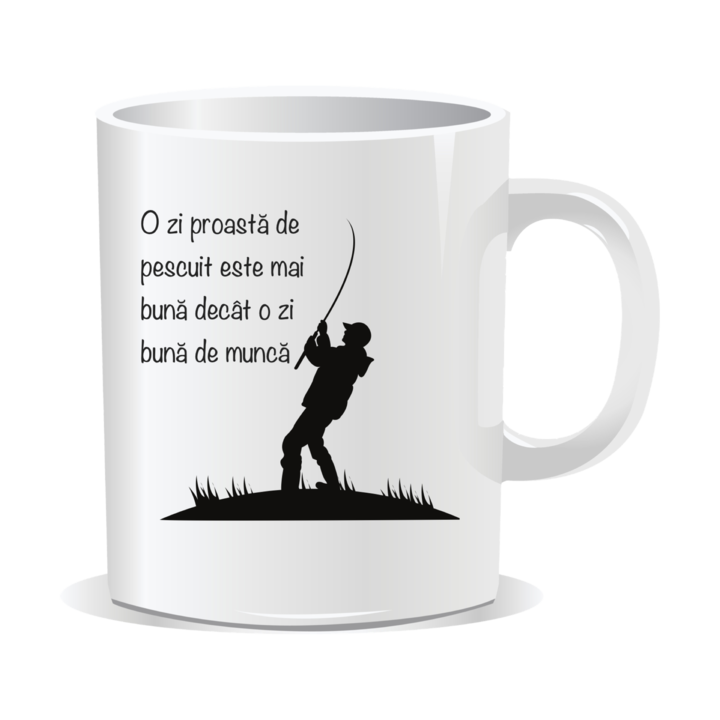 Cana personalizata cu mesaj pentru pescari, O zi proasta de pescuit este mai buna decat o zi buna de munca, 330ml, interior alb