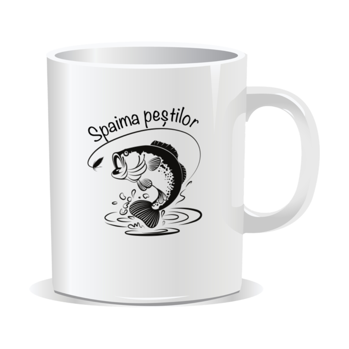 Cana personalizata cu mesaj pentru pescari, Spaima pestilor, 330ml, interior alb