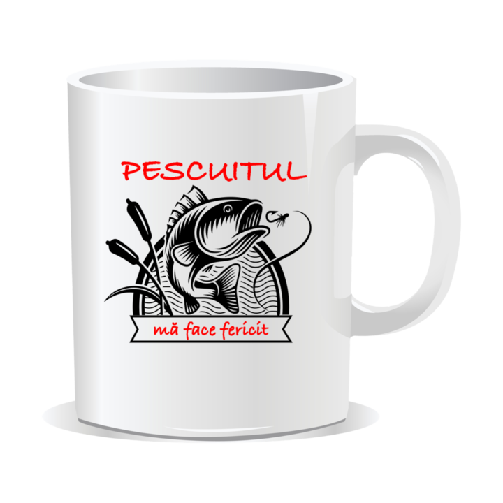 Cana personalizata cu mesaj pentru pescari, Pescuitul ma face fericit, 330ml, interior alb