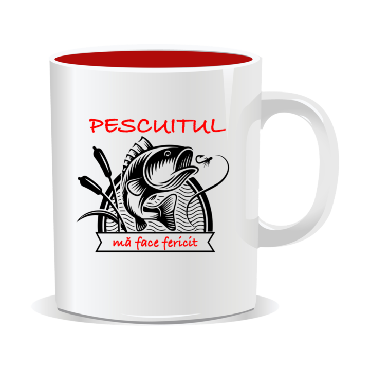 Cana personalizata cu mesaj pentru pescari, Pescuitul ma face fericit, 330ml, interior rosu
