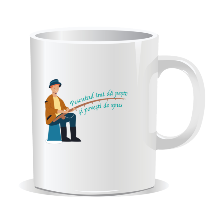 Cana personalizata cu mesaj pentru pescari, Pescuitul imi da peste si povesti de spus, 330ml, interior alb