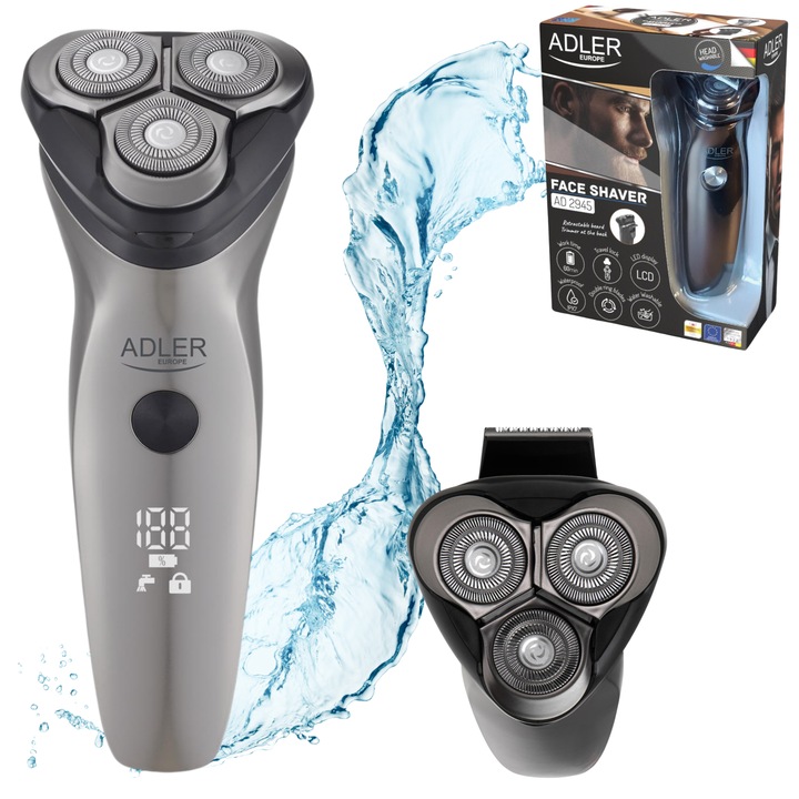 Aparat de ras electric ADLER, 3 capete, LED, IPX7, USB, 90MIN incarcare