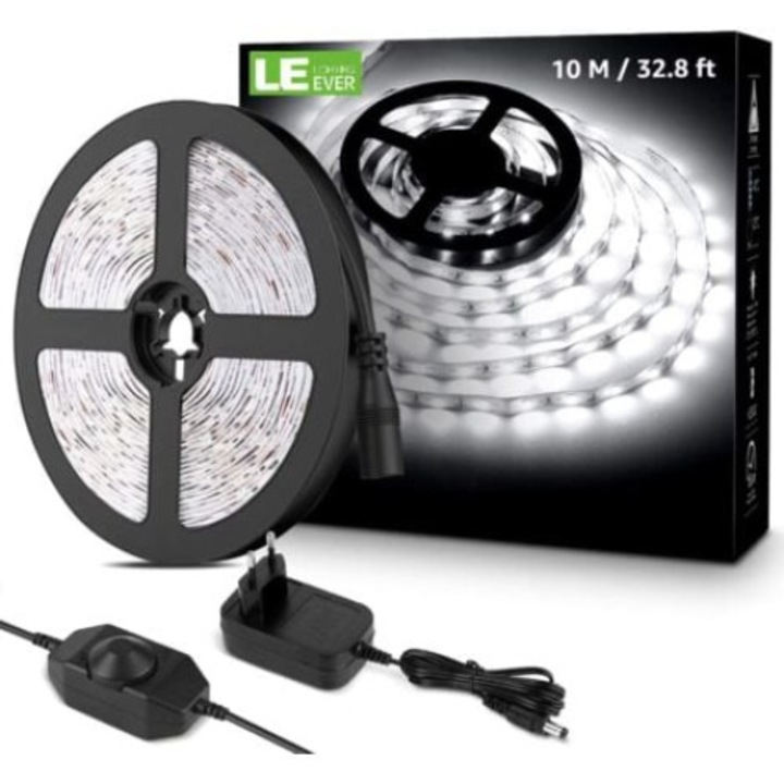 QttvbTna LED szalag, 10m, fényes, hideg fehér, öntapadós, beltéri, 6000K