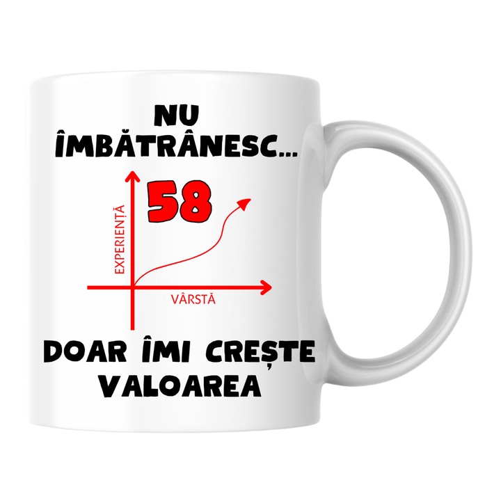 Cana personalizata - Nu imbatranesc, 58 de ani, doar imi creste valoarea, alba, 330 ml