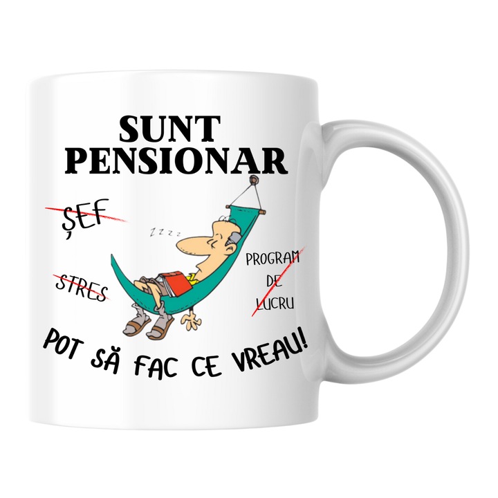 Cana personalizata - Sunt pensionar pot sa fac ce vreau! alba, 330 ml