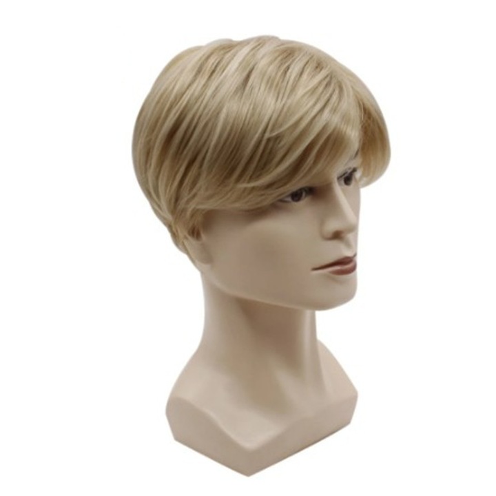 Мъжка перука, кос бретон, къса права коса, 25см, светлозлатист