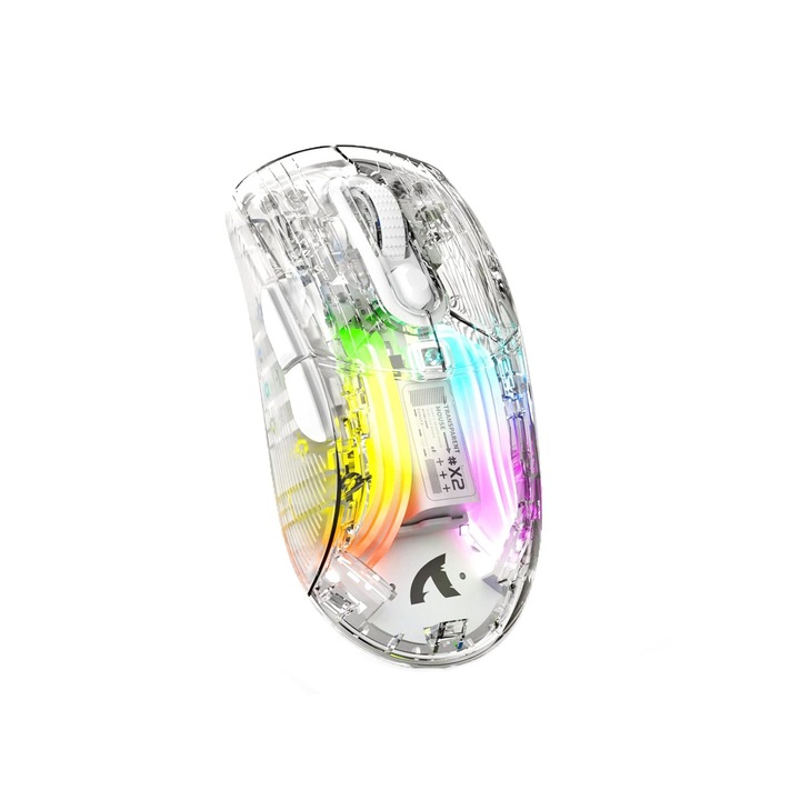Vezeték nélküli játék egér, átlátszó, RGB világítás, ergonomikus, 800 mAh akkumulátor, fehér