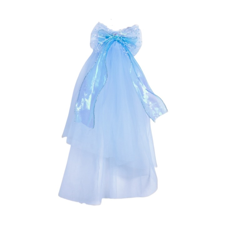 Princess stílusú hajcsat, masni, kék, fátyol, 42cm, dupla réteg tüll