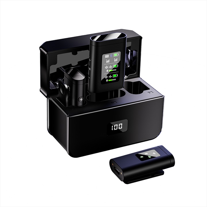 WALALLA S33 Lavalier микрофон, безжичен, AI Noise Reduction, Reverb, Bluetooth акомпанимент, интерфейс тип C и технология Lightning, черен, 8,4x13,6 cm