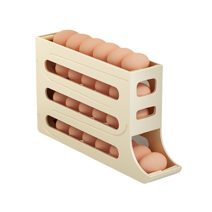 Suport pentru oua cu rulare automata, 4 straturi, crem, pentru 30 oua，pentru frigider
