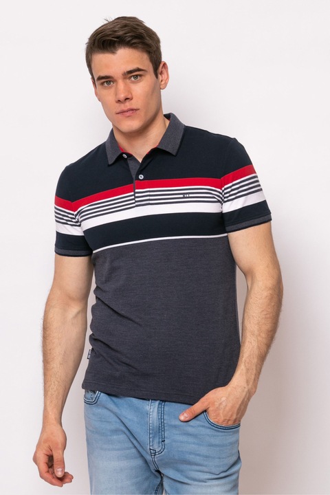 Heavy Tools Csíkos, Kék-Fehér-Piros Férfi Galléros Póló, S