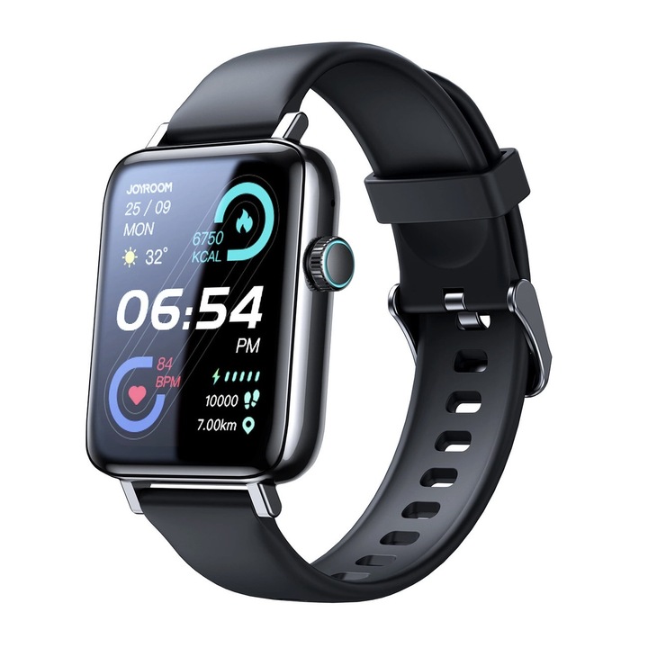 Ceas smartwatch, Joyroom, JR-FT5, monitorizare sport, rezistent apa, functie smart numarat pasi, monitorizare somn, nivel stres, ritm cardiac si tensiune arteriala, calorii, notificari, ecran HD 1.83’’, wireless, apelare Bluetooth, microfon, unisex, Negru