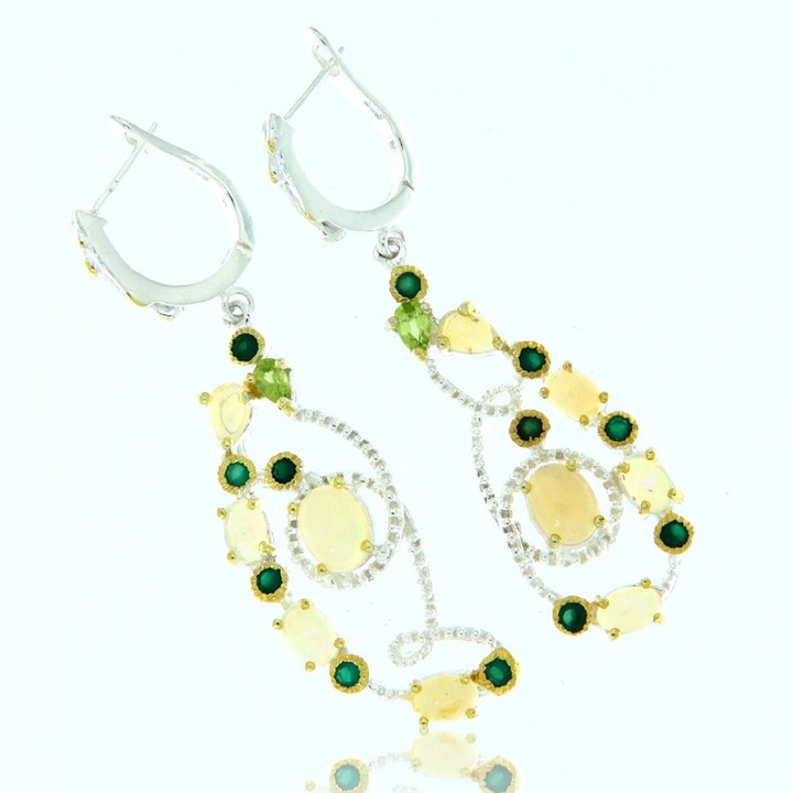 Cercei din argint 925 cu opal, crom diopsid si peridot naturale, accente aurite, 64 x 18 mm, fabricati in India