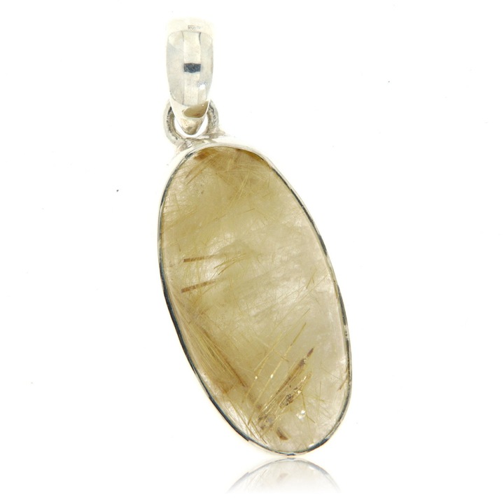 Pandantiv din argint 925 cu cuart rutilat natural, oval, 3.8 x 1.5 cm, model modern