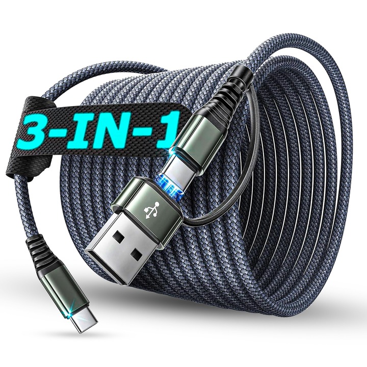 Кабел за зареждане 2 в 1 и трансфер на данни Fast Charge 65W, 3m, USB-C, Type-C, USB, Съвместим с iPhone 15, Samsung, Huawei, MacBook, Xiaomi