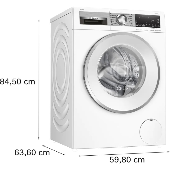 Masina de spalat cu incarcare frontala Bosch WGG244F9BY Serie 6, 9 kg, dozare automata i-DOS, EcoSilenceDrive, clasa energetica A, usa alba din otel inoxidabil