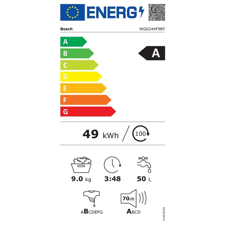 Masina de spalat cu incarcare frontala Bosch WGG244F9BY Serie 6, 9 kg, dozare automata i-DOS, EcoSilenceDrive, clasa energetica A, usa alba din otel inoxidabil