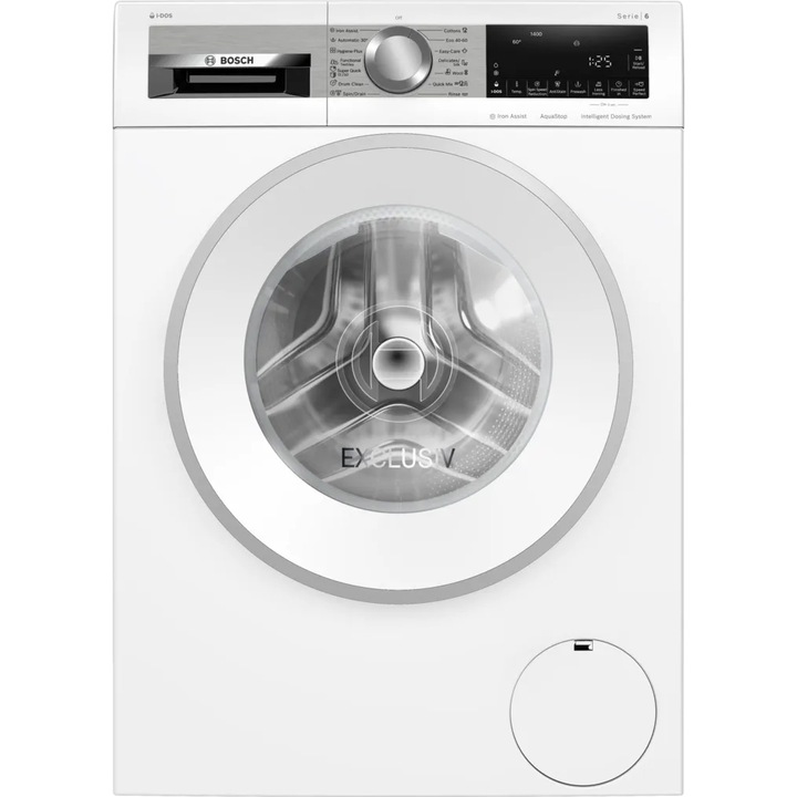 Masina de spalat cu incarcare frontala Bosch WGG244F9BY Serie 6, 9 kg, dozare automata i-DOS, EcoSilenceDrive, clasa energetica A, usa alba din otel inoxidabil
