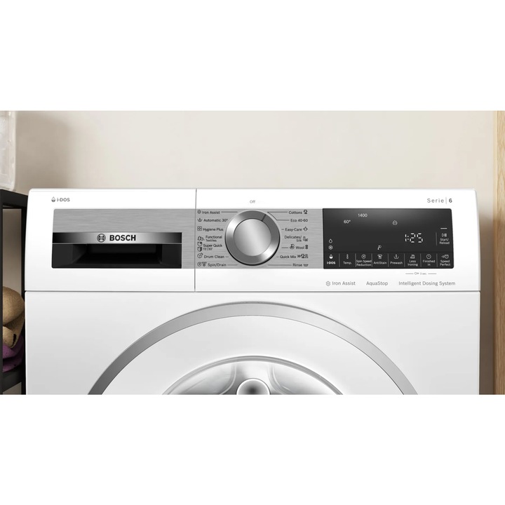 Masina de spalat cu incarcare frontala Bosch WGG244F9BY Serie 6, 9 kg, dozare automata i-DOS, EcoSilenceDrive, clasa energetica A, usa alba din otel inoxidabil