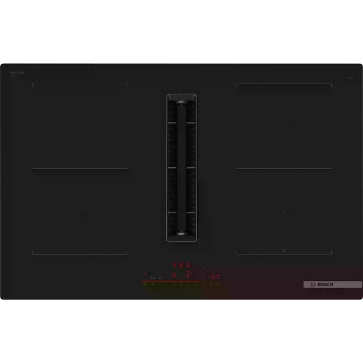 Стъклокерамичен плот Bosch PVQ811H26E Serie 6 с вградена вентилация, 4 индукционни зони за готвене, PerfectFry Plus контрол на температурата, мощност на абсорбиране 622 мк/ч 7400 W, 80 см, Черен, черен