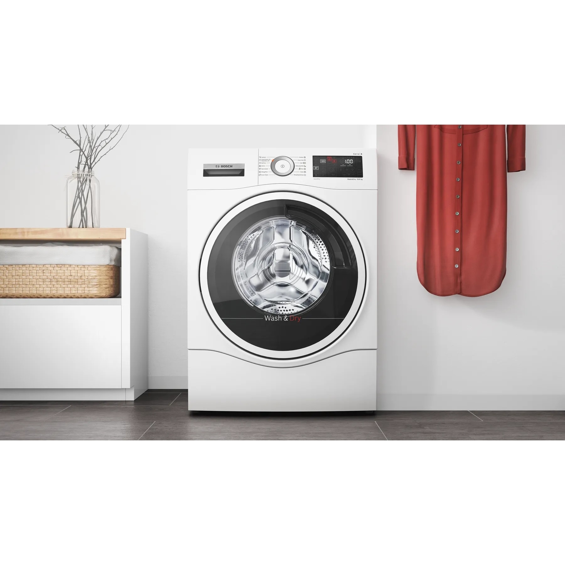 Masina de spalat cu uscator Bosch WNG254A9BY Serie 6, 10,5 kg spalare, 6 kg uscare, dozare automata i-DOS, Clasa energetica: D (spalare+uscare), A (doar spalare), usa alba din otel inoxidabil