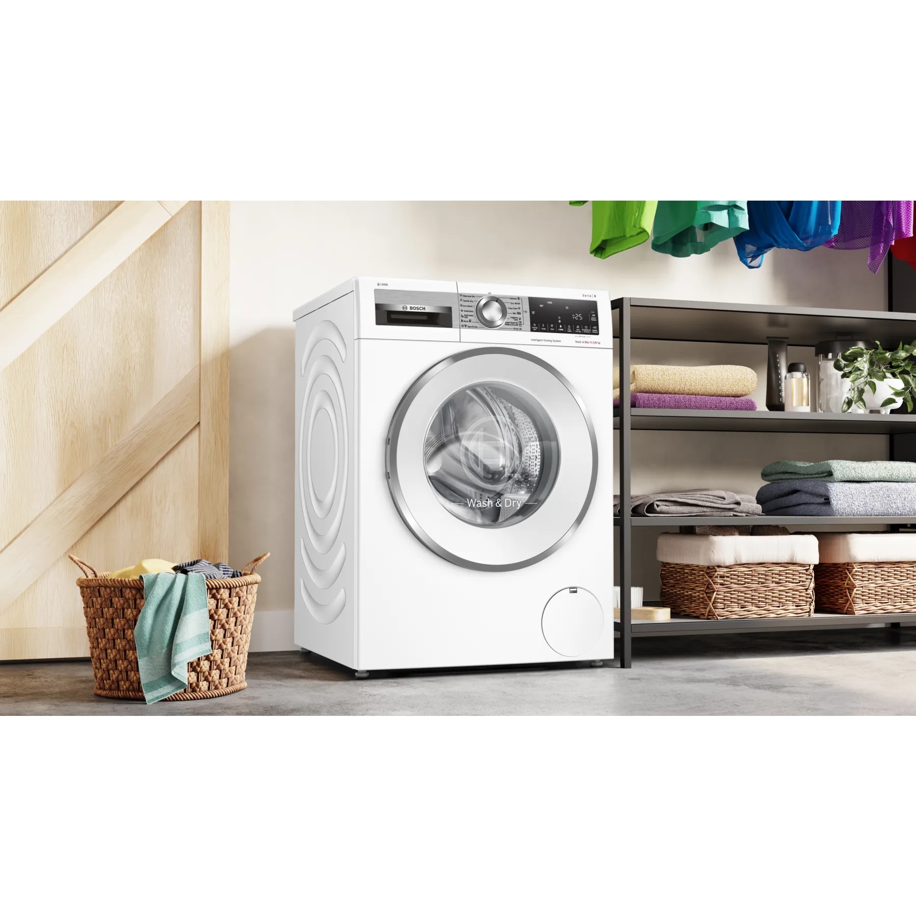 Masina de spalat cu uscator Bosch WNG254A9BY Serie 6, 10,5 kg spalare, 6 kg uscare, dozare automata i-DOS, Clasa energetica: D (spalare+uscare), A (doar spalare), usa alba din otel inoxidabil