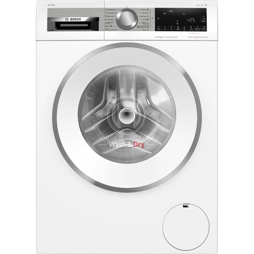 Masina de spalat cu uscator Bosch WNG254A9BY Serie 6, 10,5 kg spalare, 6 kg uscare, dozare automata i-DOS, Clasa energetica: D (spalare+uscare), A (doar spalare), usa alba din otel inoxidabil