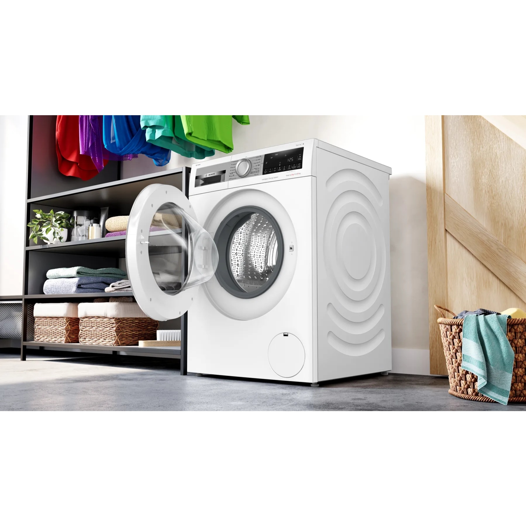 Masina de spalat cu uscator Bosch WNG254A9BY Serie 6, 10,5 kg spalare, 6 kg uscare, dozare automata i-DOS, Clasa energetica: D (spalare+uscare), A (doar spalare), usa alba din otel inoxidabil