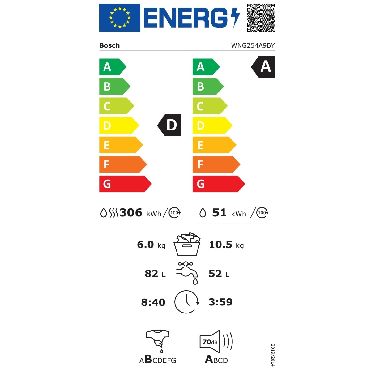 Masina de spalat cu uscator Bosch WNG254A9BY Serie 6, 10,5 kg spalare, 6 kg uscare, dozare automata i-DOS, Clasa energetica: D (spalare+uscare), A (doar spalare), usa alba din otel inoxidabil