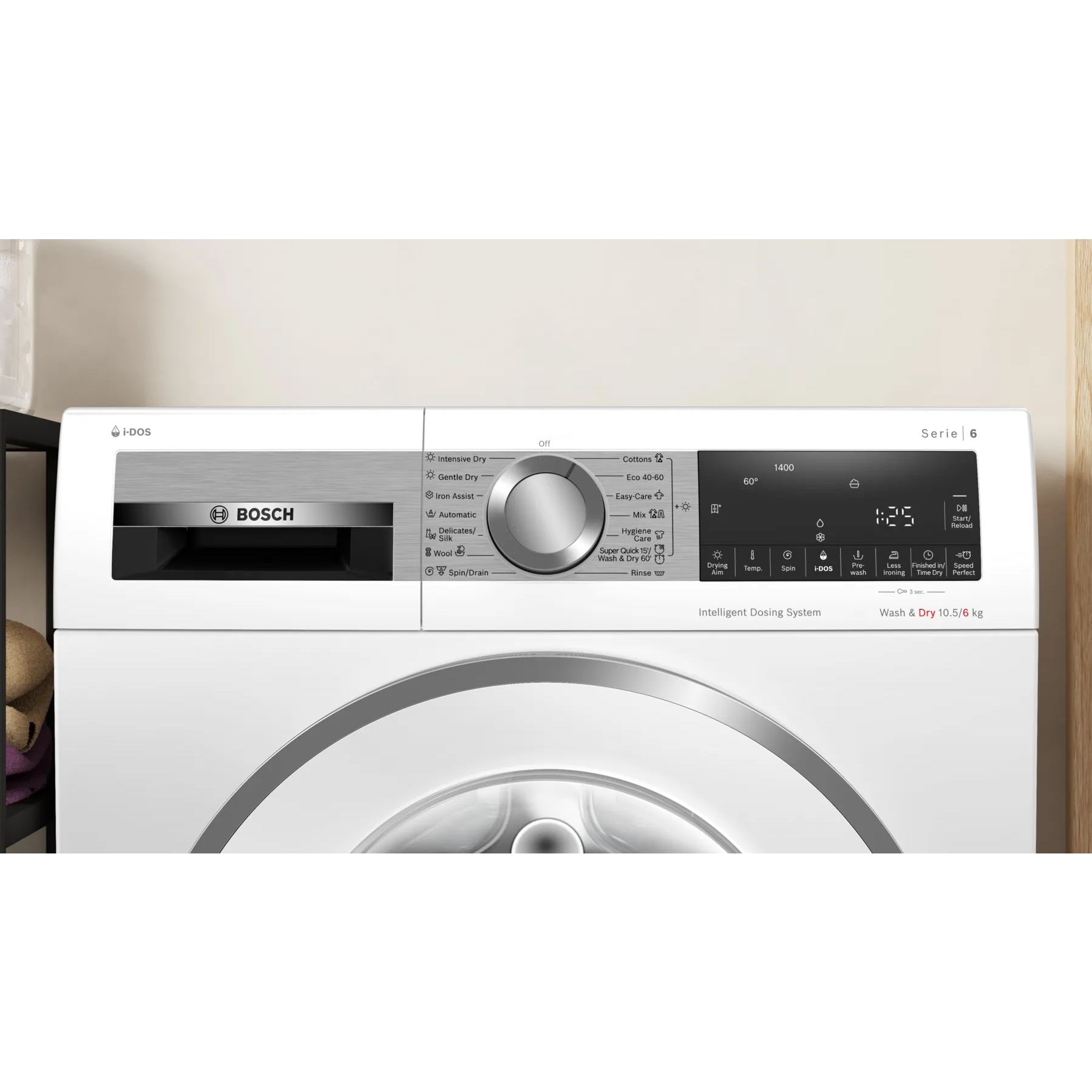 Masina de spalat cu uscator Bosch WNG254A9BY Serie 6, 10,5 kg spalare, 6 kg uscare, dozare automata i-DOS, Clasa energetica: D (spalare+uscare), A (doar spalare), usa alba din otel inoxidabil